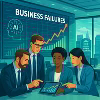 Graph showing rising business failures and how RocketFin uses AI and Open Banking to detect early risk signals for proactive action.
