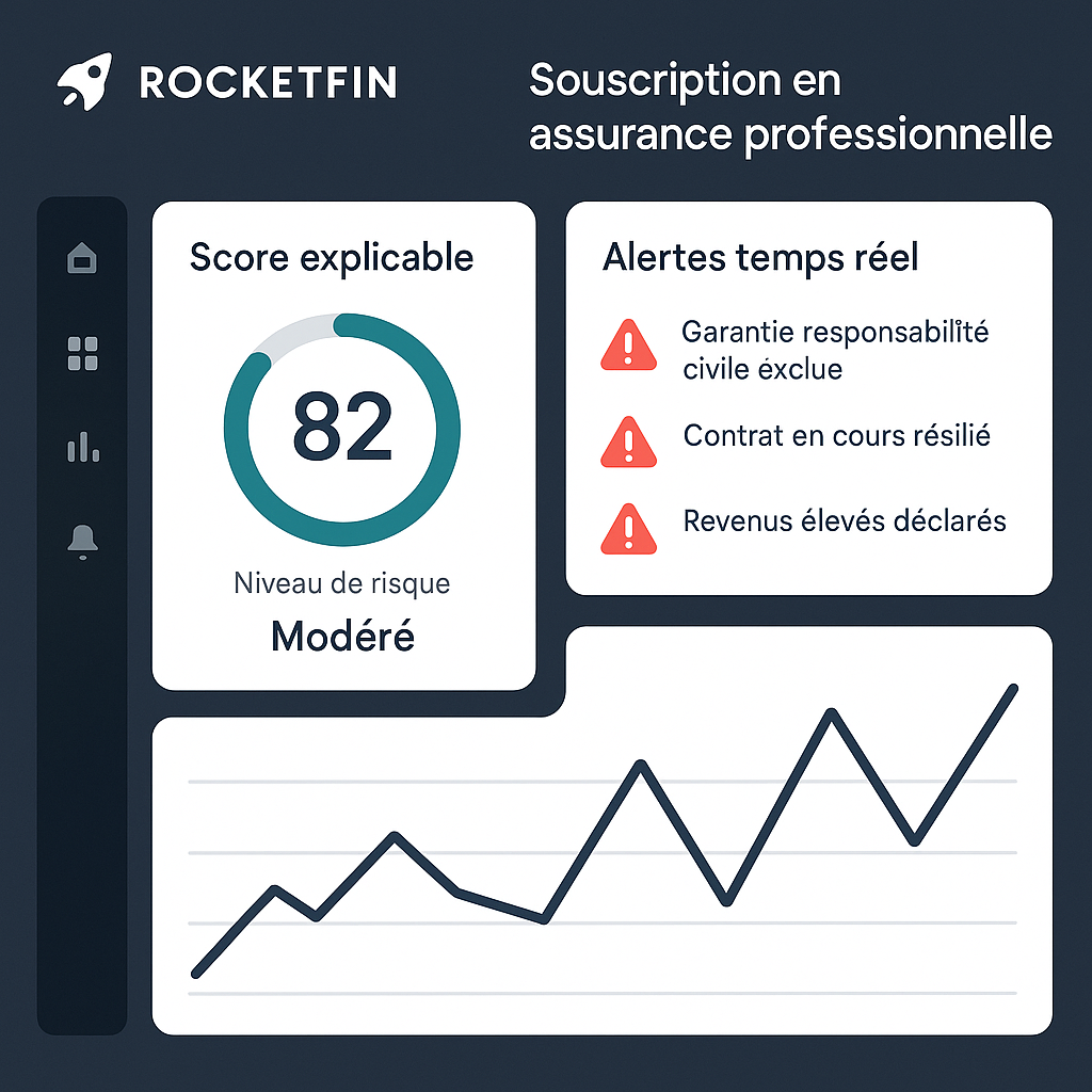 Illustration d’un tableau de bord RocketFin montrant un score explicable et des alertes temps réel pour la souscription en assurance professionnelle.