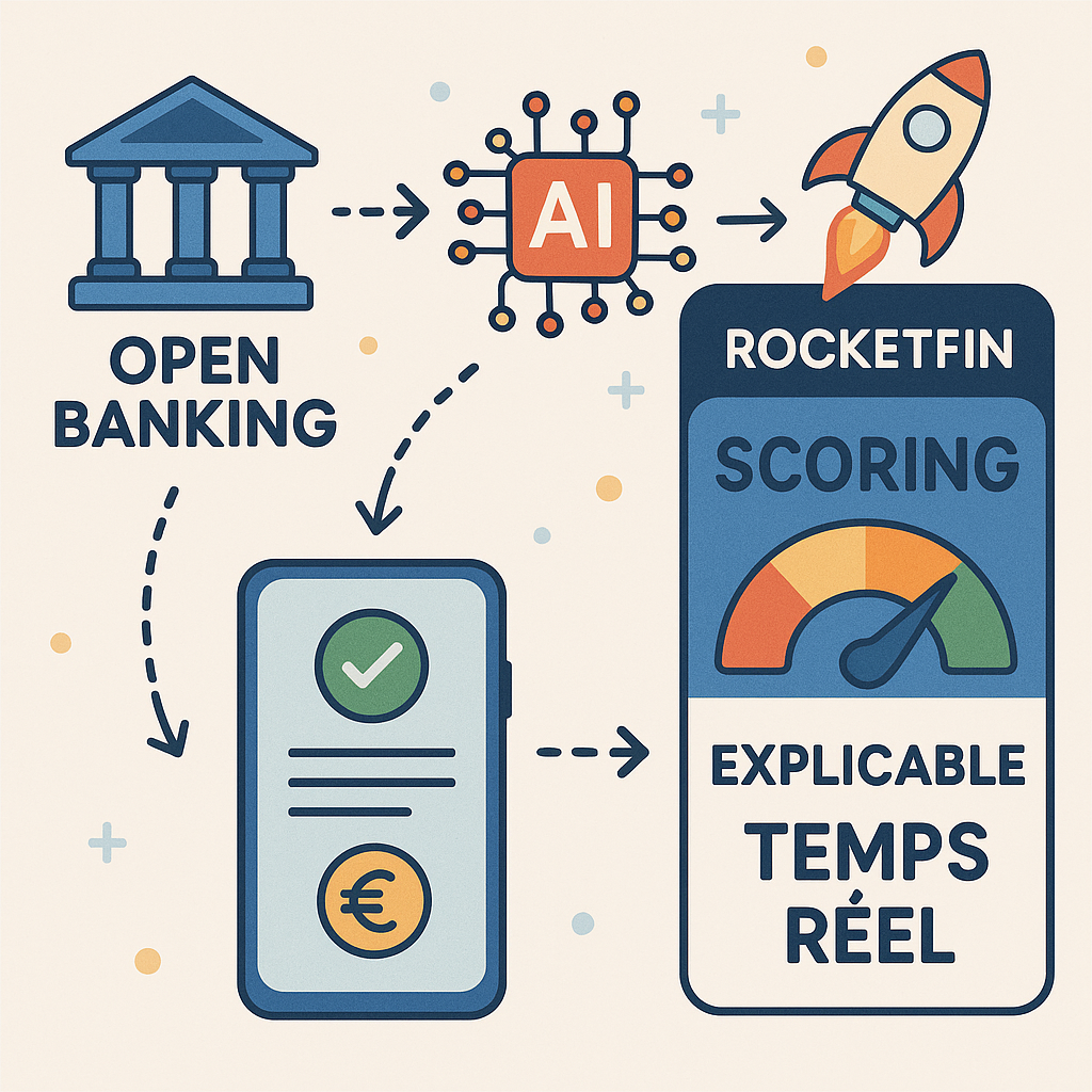  Illustration montrant l’utilisation combinée de l’Open Banking et de l’IA pour produire un scoring explicable et temps réel via RocketFin.