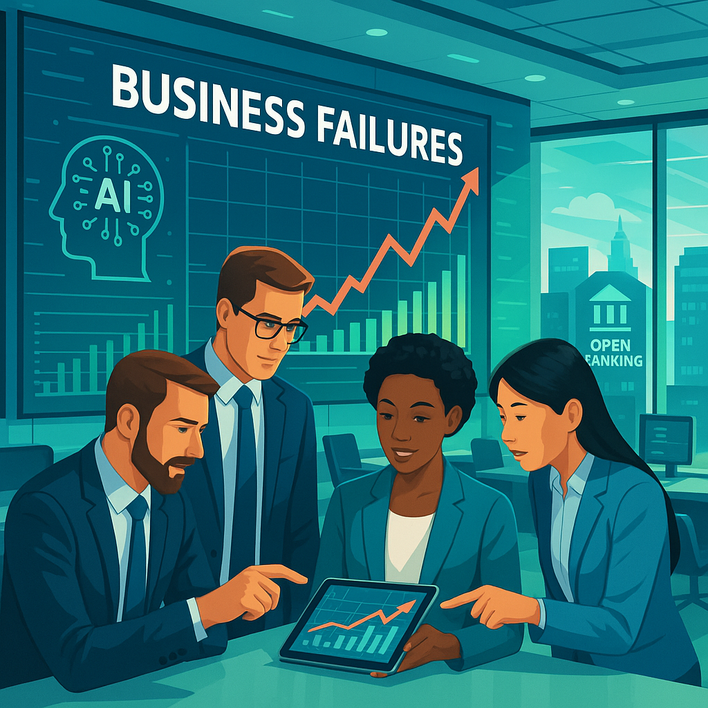 Graphique illustrant l’évolution des défaillances d’entreprises et comment RocketFin anticipe les risques via IA et Open Banking.